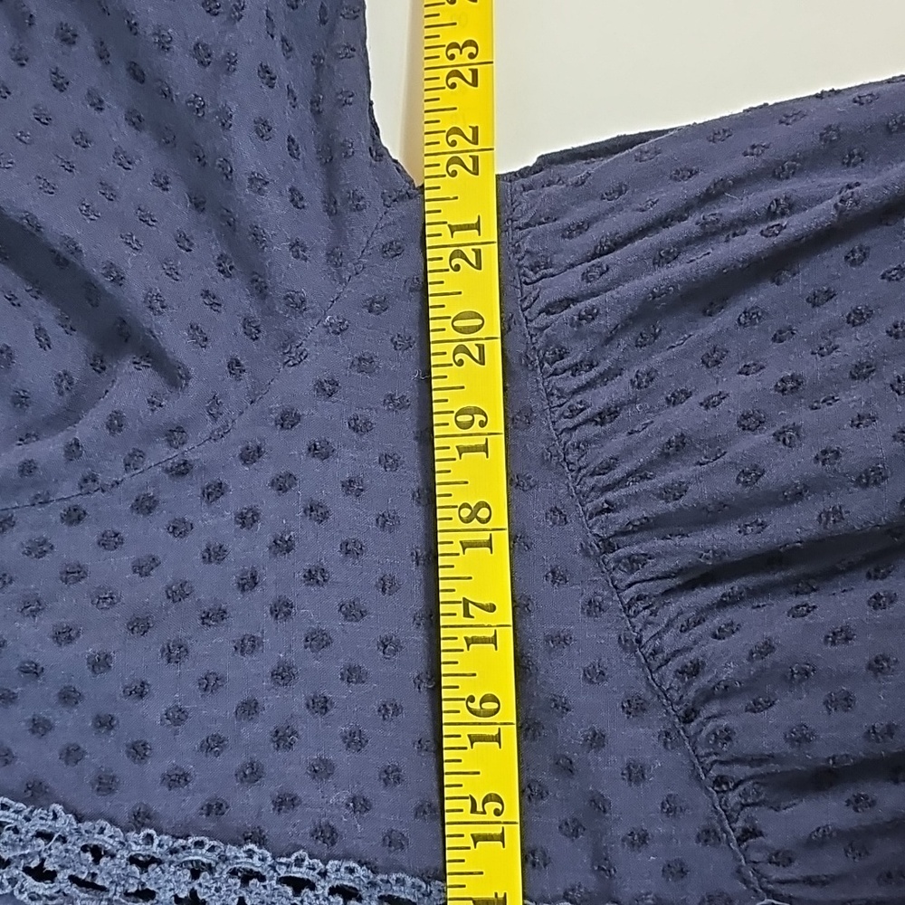 FRNCH Paris Navy Blue Eyelet Lace Mini Dress Scallop High Neck Swiss Dot Boho M - Picture 11 of 12